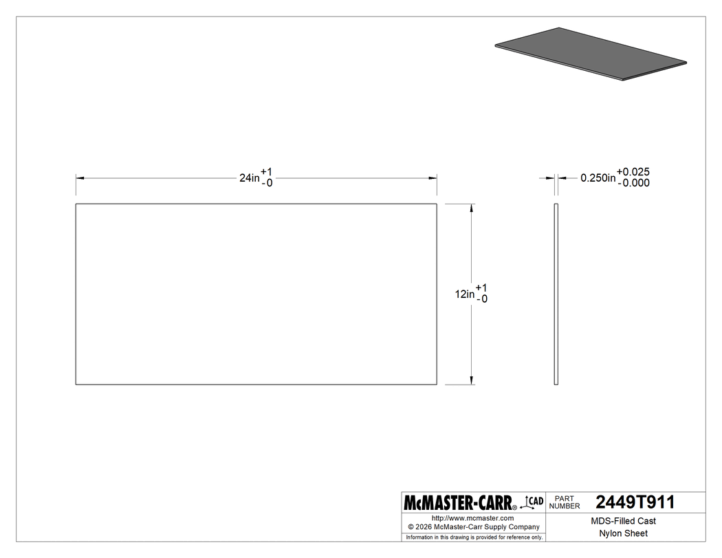 Technical Drawing of MDS-Filled Cast Nylon Sheet, Easy-to-Machine, Wear-Resistant, 1/4" Thick, 24" x 12".